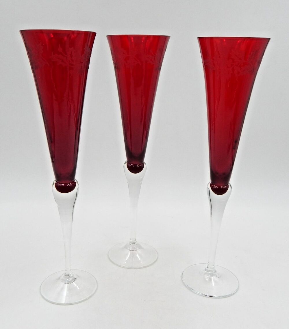 Lenox Holiday Gems Toasting Flutes Ruby Champagne 11 inch Etched Holly S/3